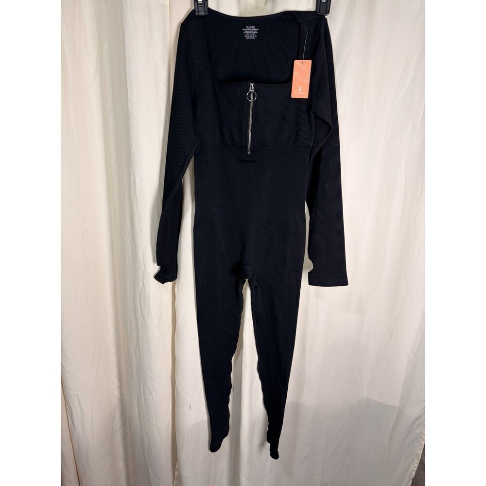 Women's Long Sleeve Ribbed One-Piece Jumpsuit Black Bodycon Shapewear XL/2X NWT